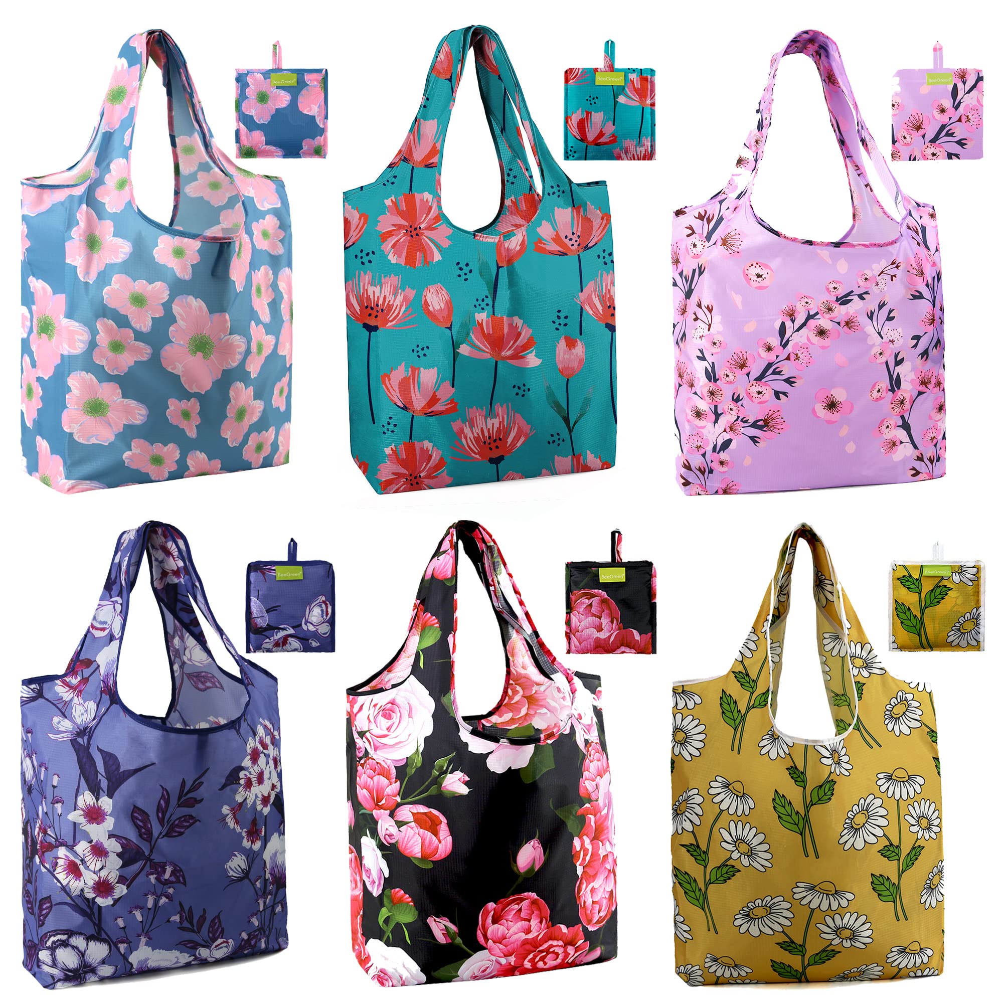 BeeGreen Christmas Reusable Gift Bags,6 Pack Large Holiday Tote Foldable Cloth Bag for Women, Cute Grocery Storage for Xmas Gifts Market Shopping, Washable Collapsible Reusable Bags with Handles